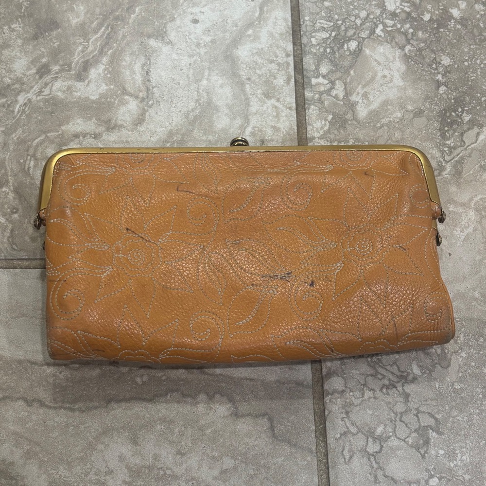 Hobo Lauren Leather Double Kiss Lock Wallet Clutch Tan Embroidered Floral